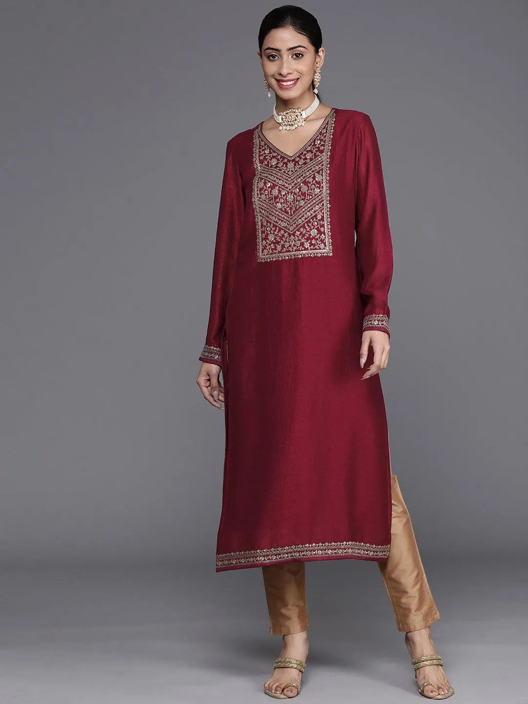 Maroon Yoke Design Silk Kurta - ShopLibas