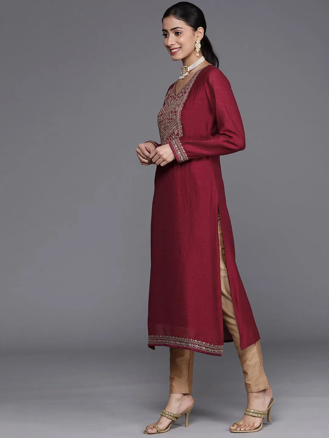 Maroon Yoke Design Silk Kurta - ShopLibas