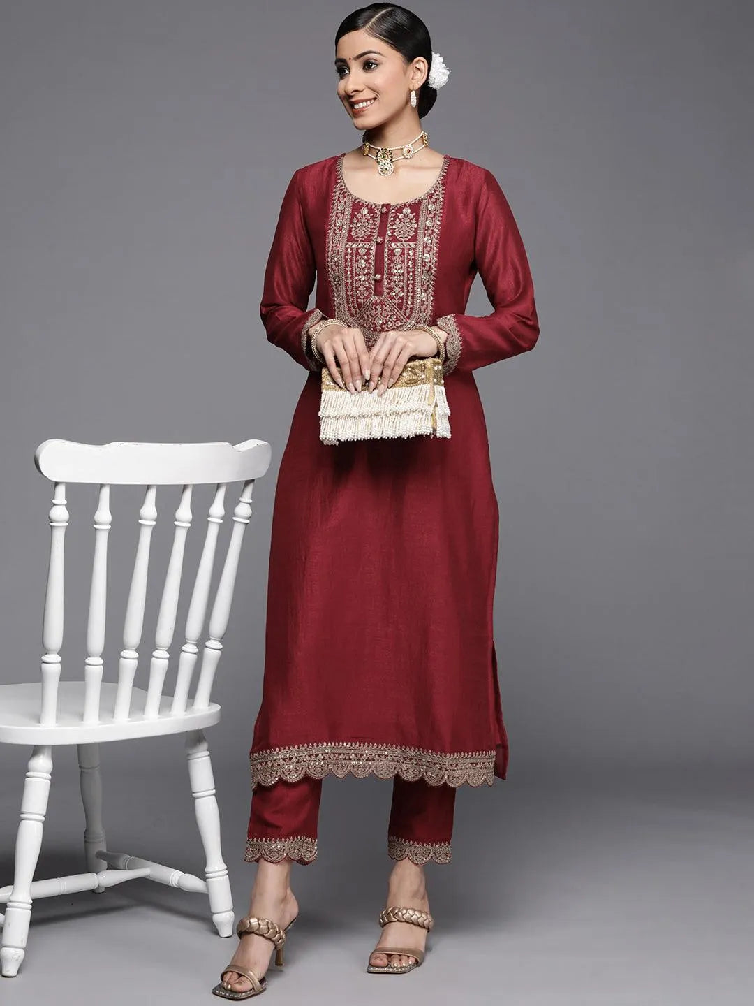 Maroon Yoke Design Silk Kurta - ShopLibas