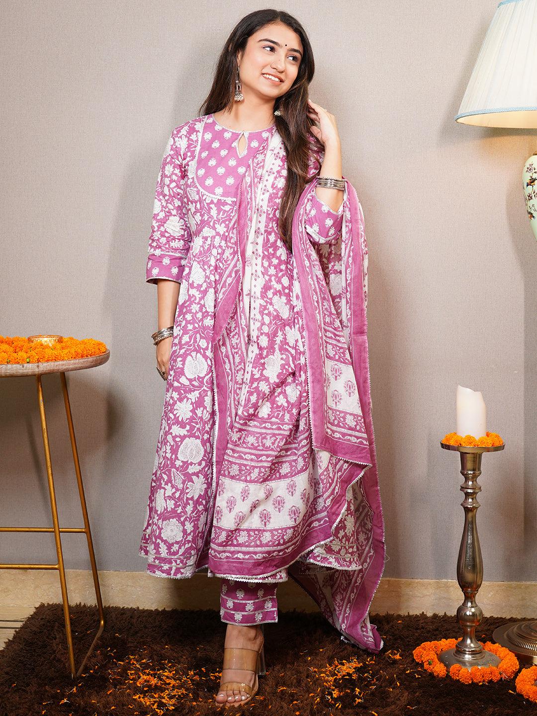 Mauve Printed Cotton Anarkali Kurta With Trousers & Dupatta