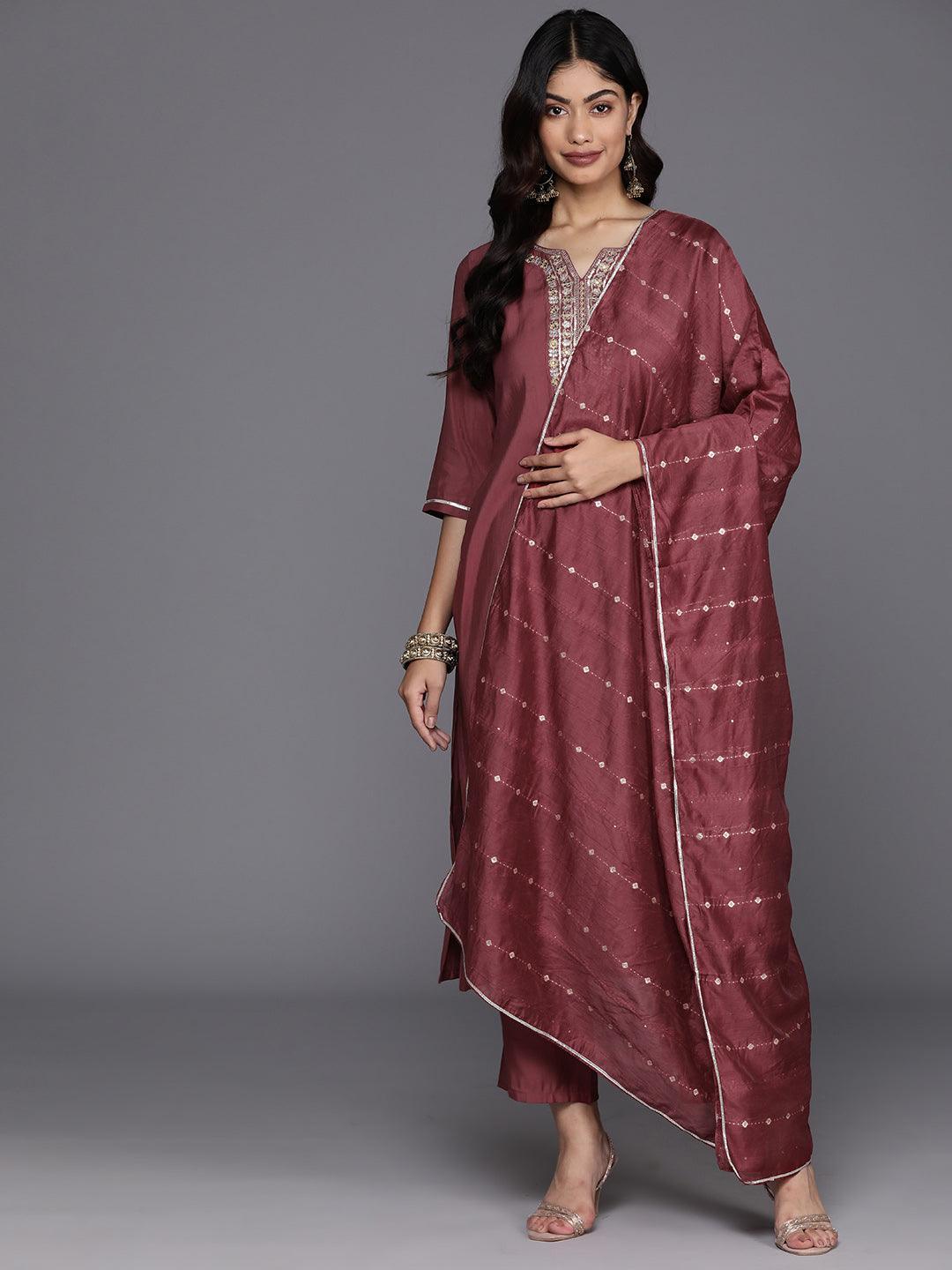 Mauve Yoke Design Silk Blend Straight Suit With Dupatta