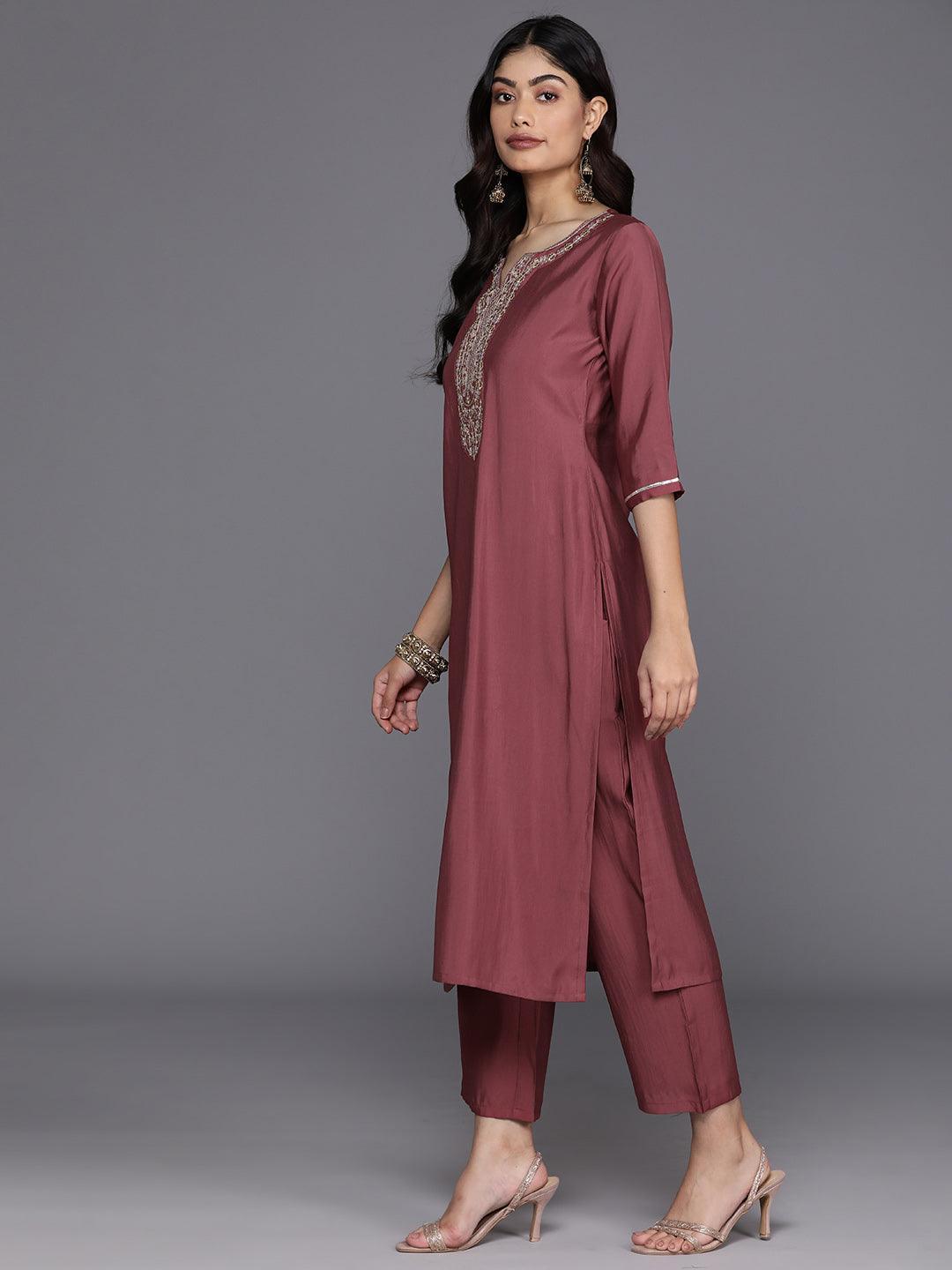 Mauve Yoke Design Silk Blend Straight Suit With Dupatta