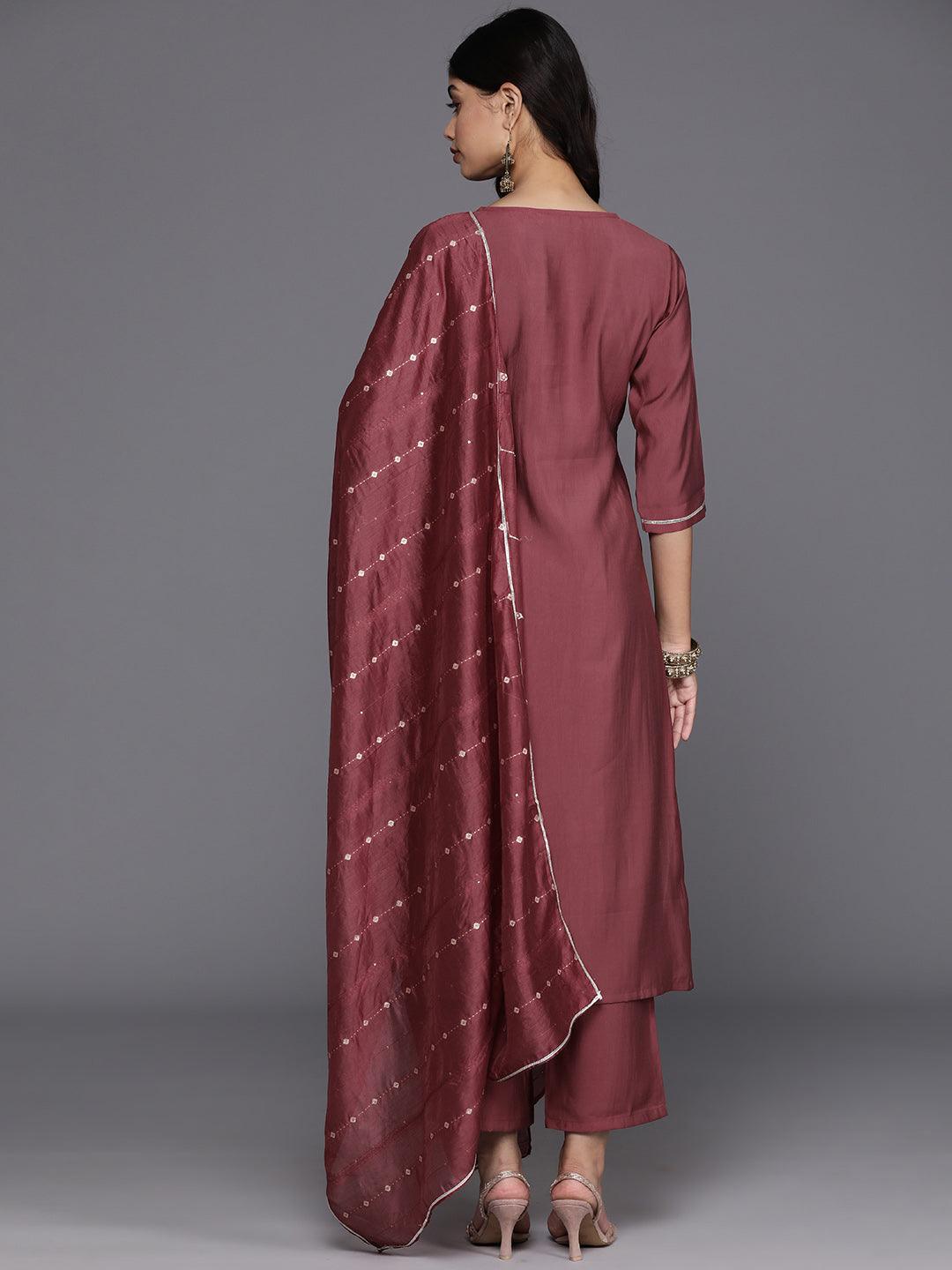 Mauve Yoke Design Silk Blend Straight Suit With Dupatta