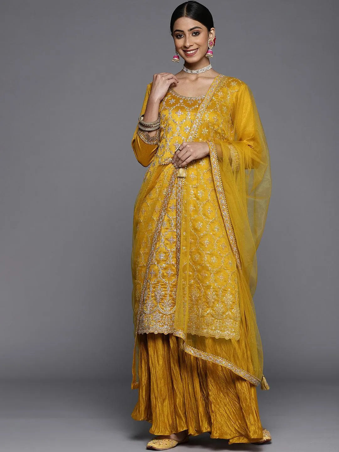 Mustard Embroidered Silk Blend Straight Suit Set