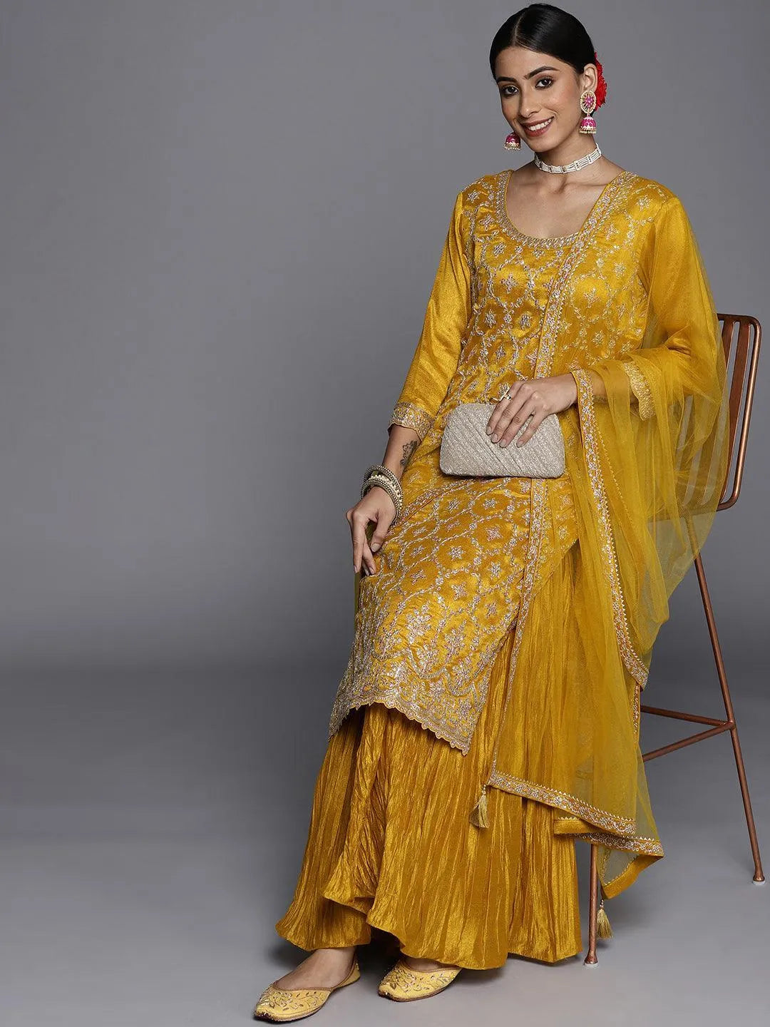 Mustard Embroidered Silk Blend Straight Suit Set