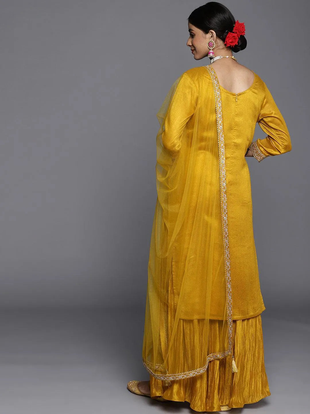 Mustard Embroidered Silk Blend Straight Suit Set