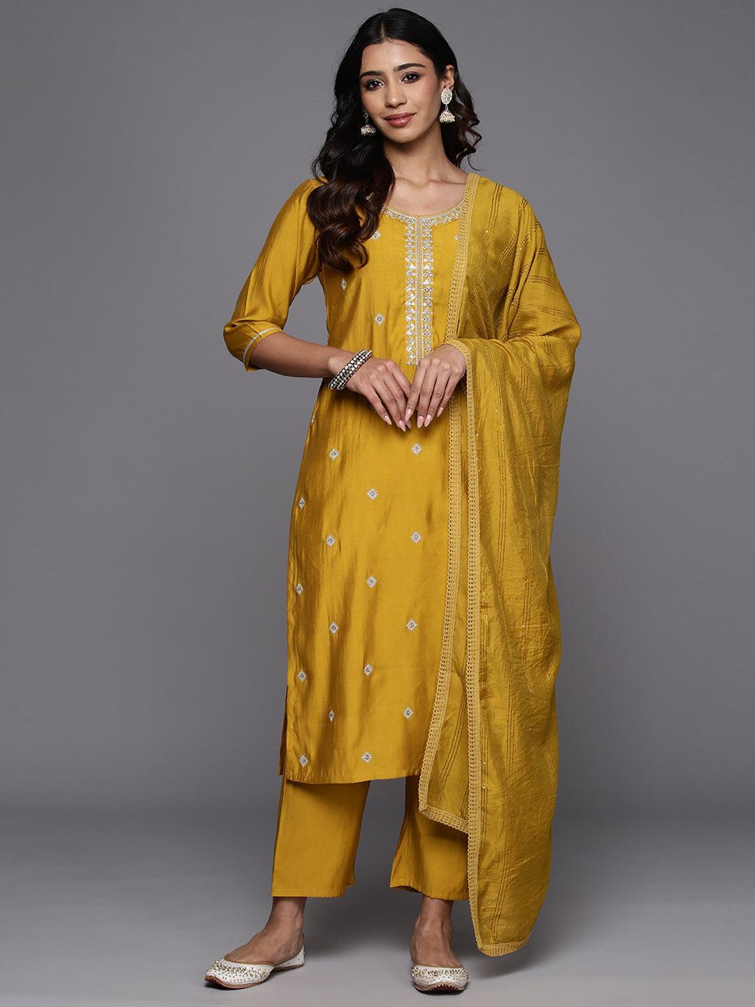 Mustard Embroidered Silk Blend Straight Suit With Dupatta