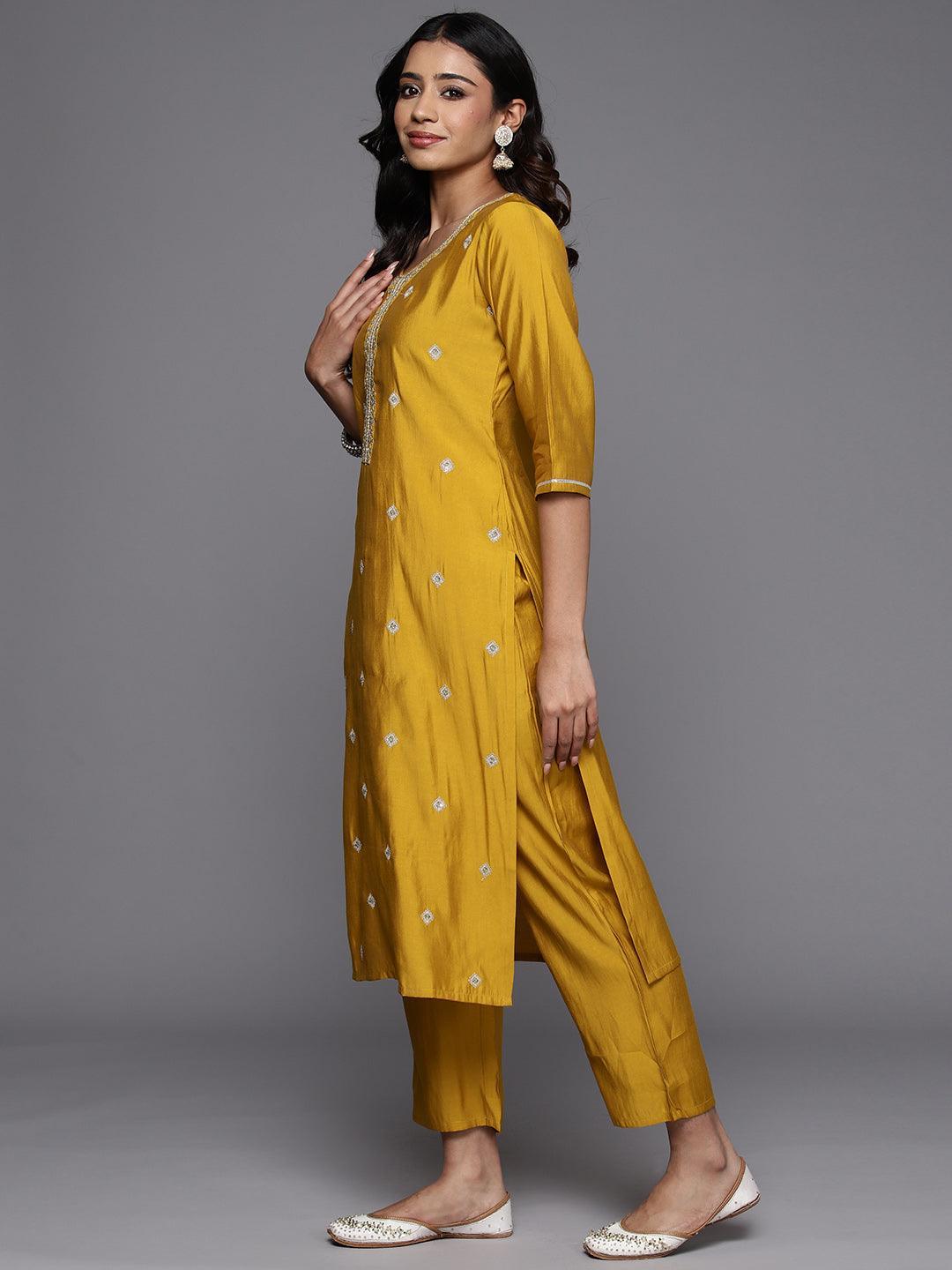 Mustard Embroidered Silk Blend Straight Suit With Dupatta