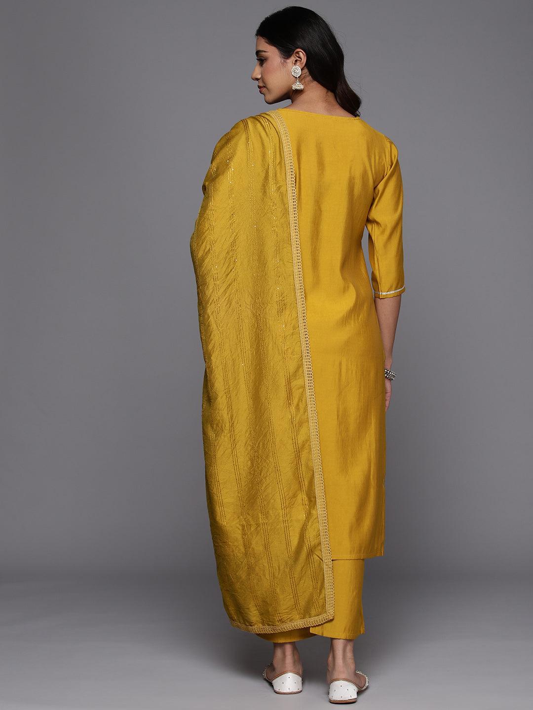 Mustard Embroidered Silk Blend Straight Suit With Dupatta