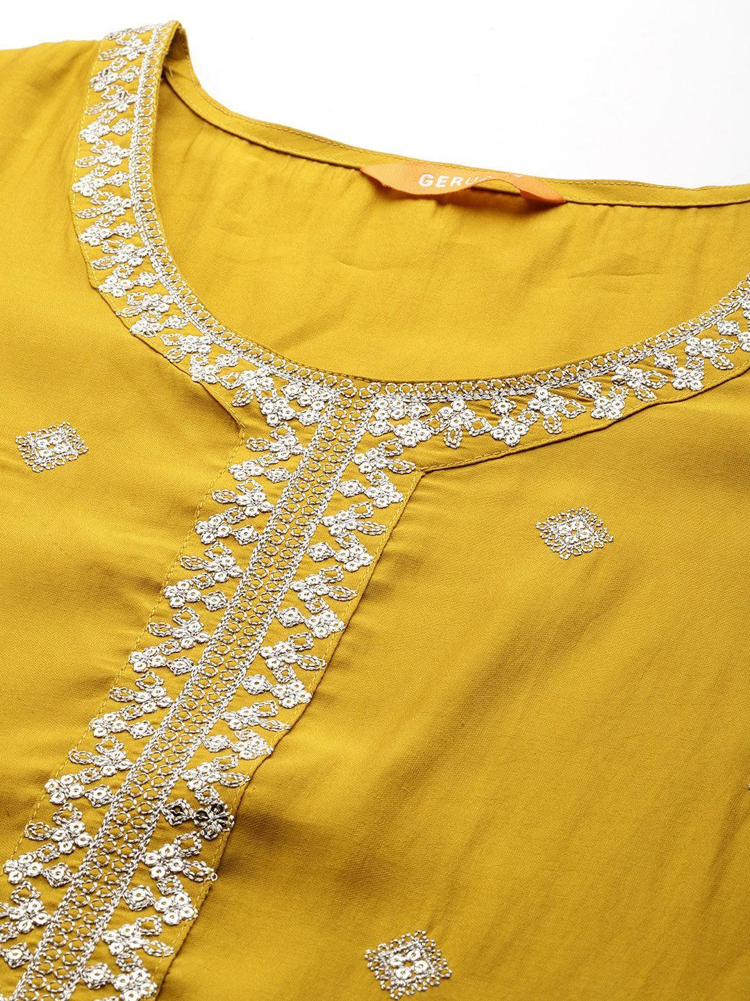 Mustard Embroidered Silk Blend Straight Suit With Dupatta