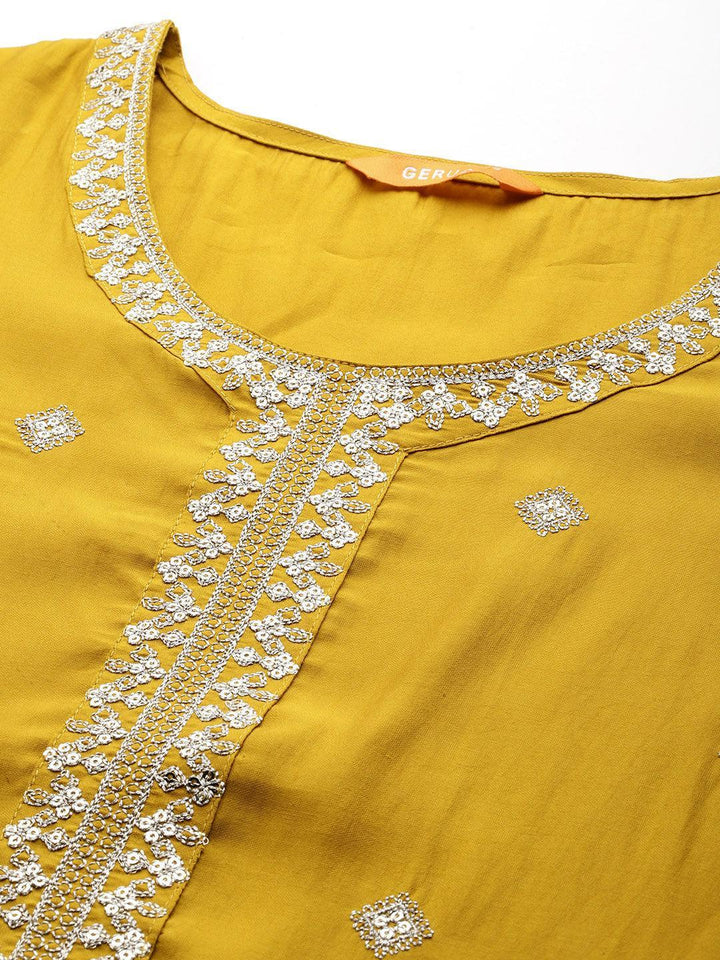 Mustard Embroidered Silk Blend Straight Kurta With Trousers & Dupatta - Libas