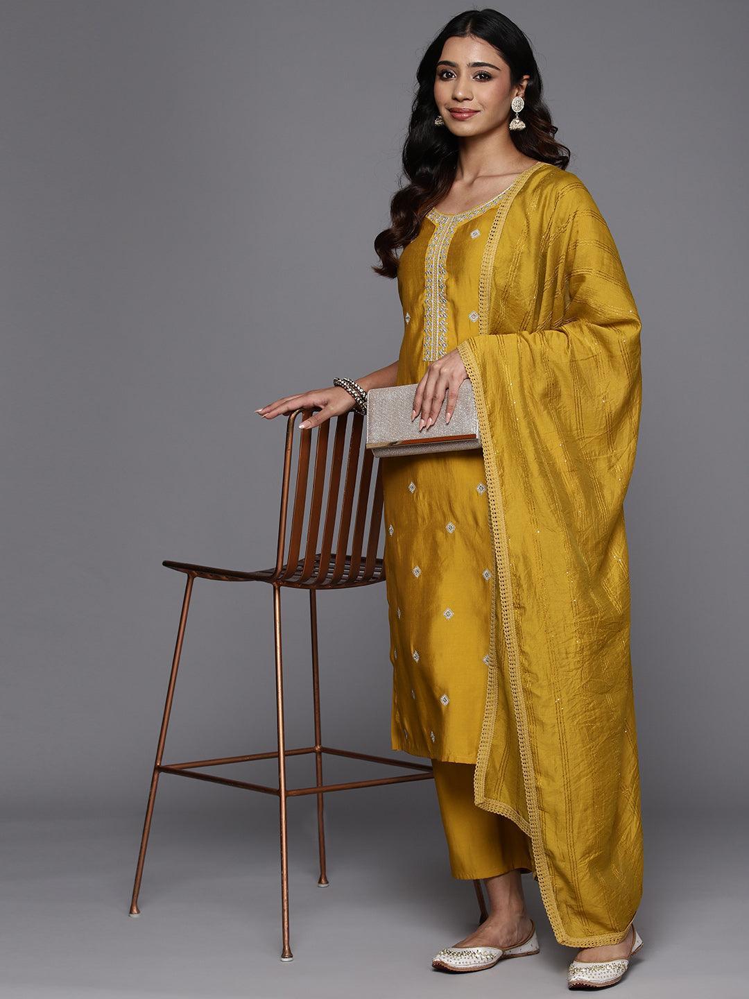 Mustard Embroidered Silk Blend Straight Suit With Dupatta