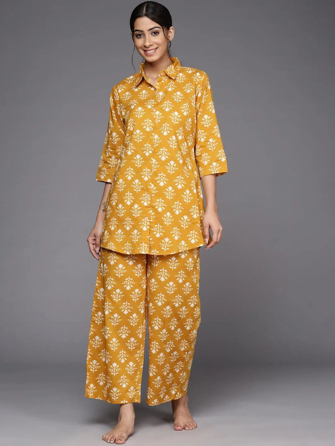 Mustard Printed Cotton Night Suit - ShopLibas