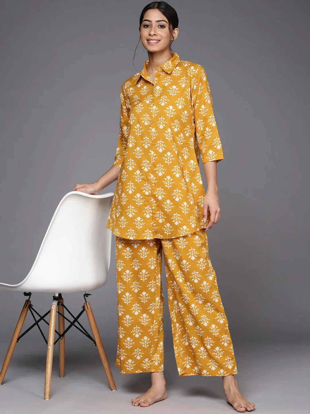 Mustard Printed Cotton Night Suit - ShopLibas