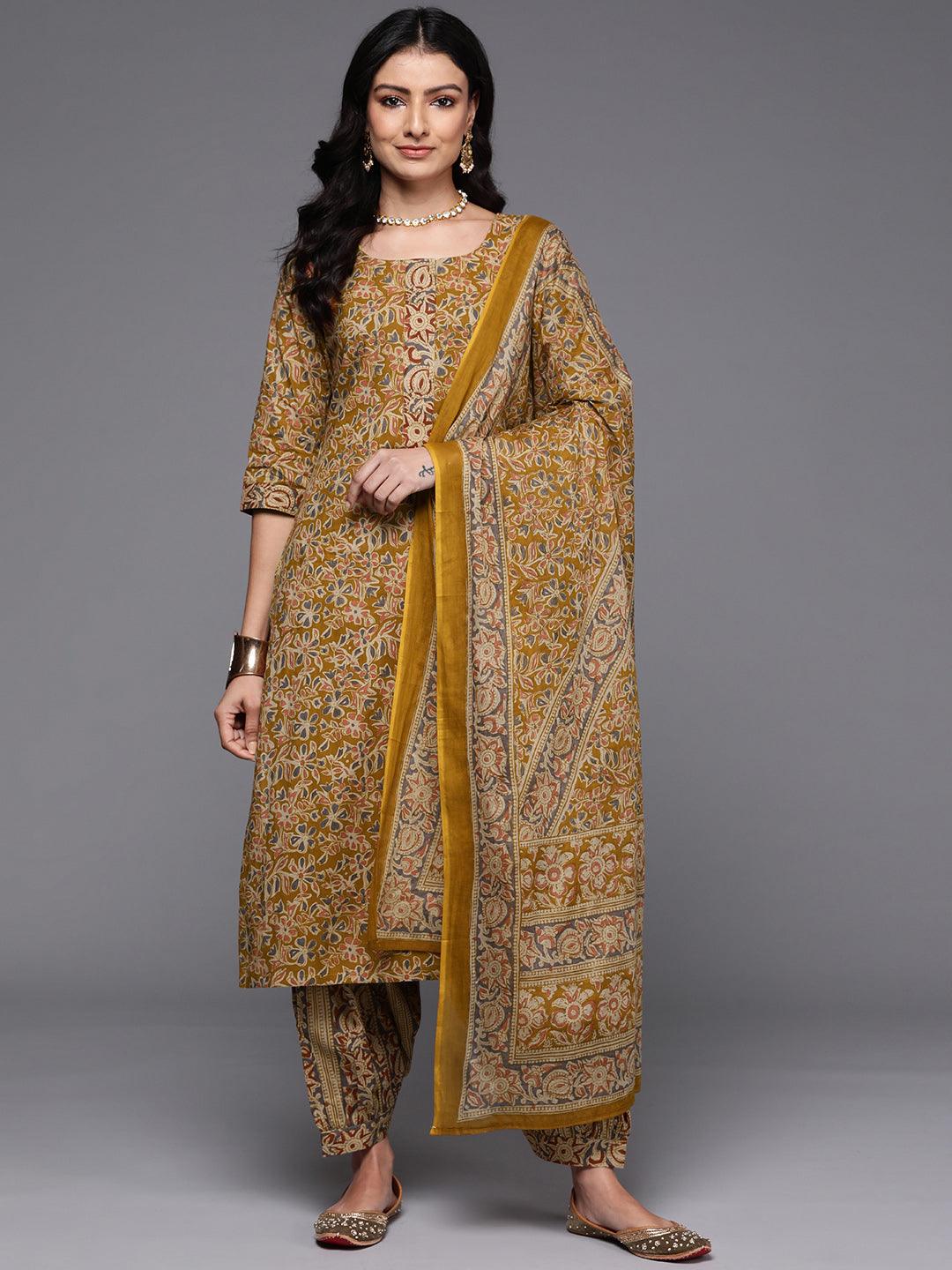 Mustard Printed Cotton Straight Suit With Dupatta