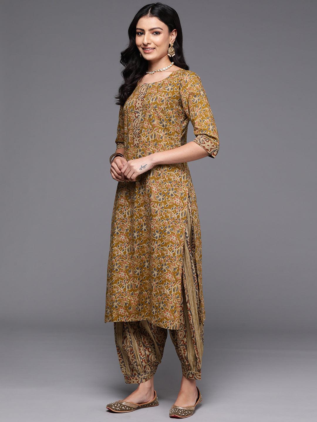 Mustard Printed Cotton Straight Suit With Dupatta