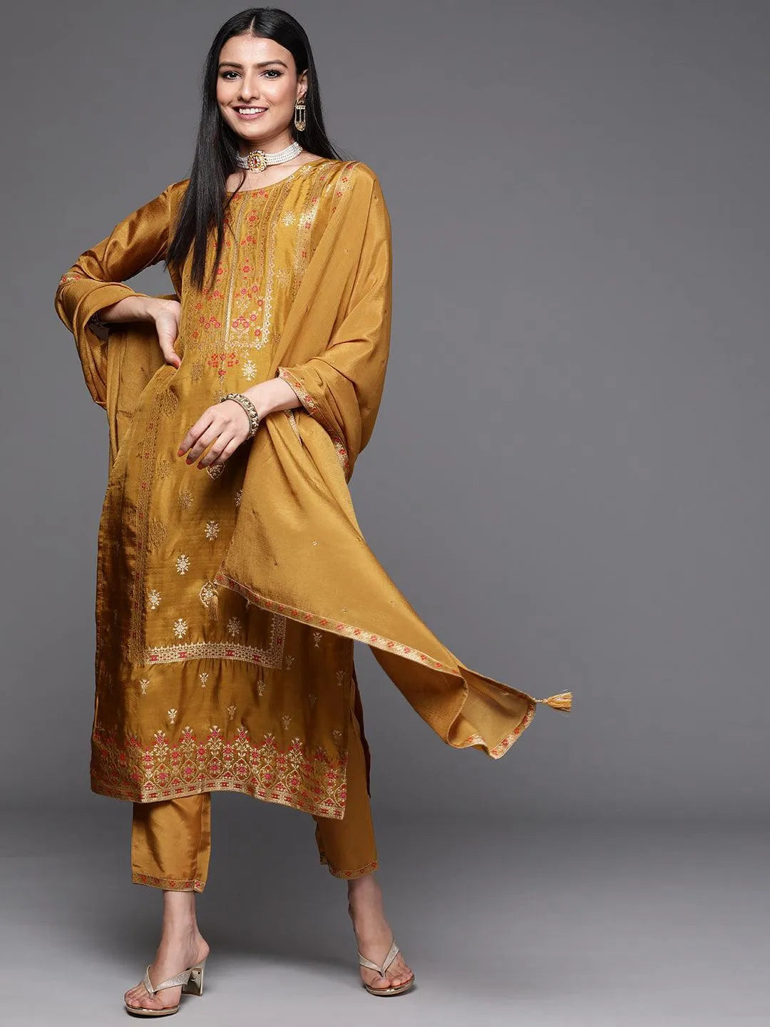 Mustard Self Design Silk Suit Set