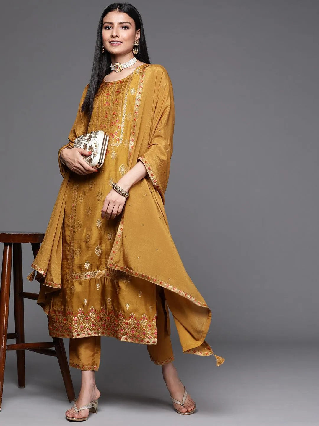 Mustard Self Design Silk Suit Set