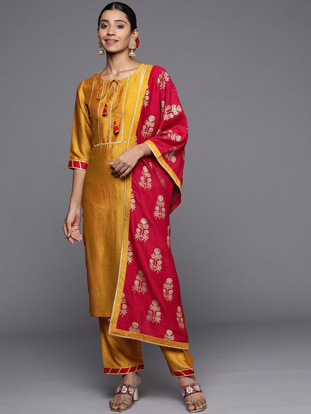 Mustard Solid Silk Blend Straight Kurta With Palazzos & Dupatta