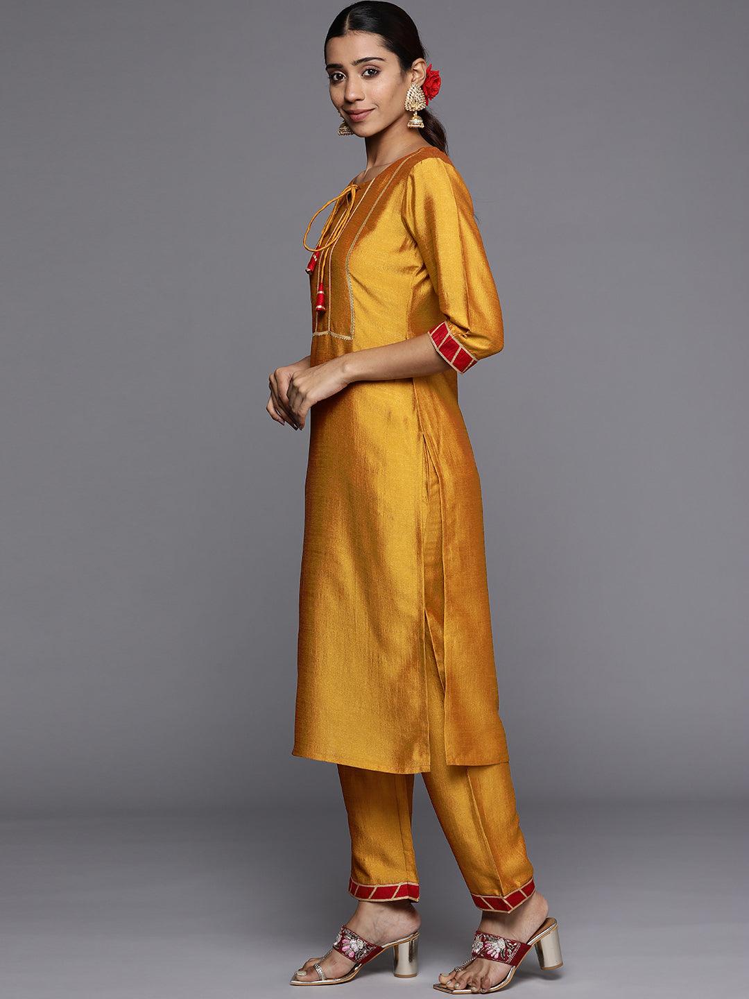 Mustard Solid Silk Blend Straight Kurta With Palazzos & Dupatta