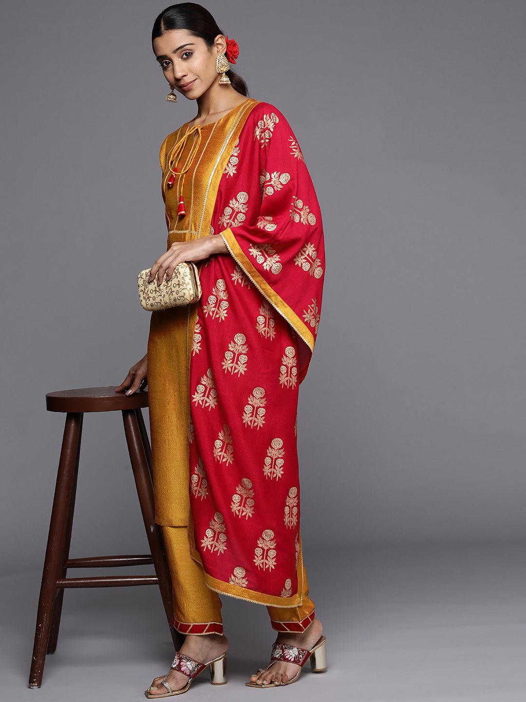 Mustard Solid Silk Blend Straight Kurta With Palazzos & Dupatta