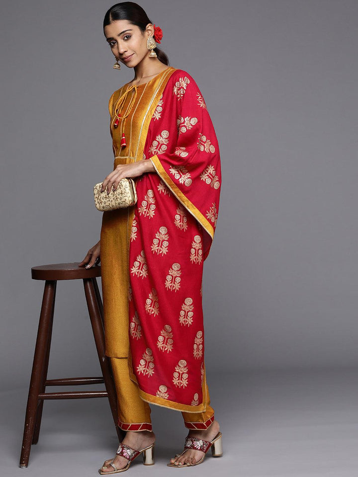 Mustard Solid Silk Blend Straight Suit Set - Libas