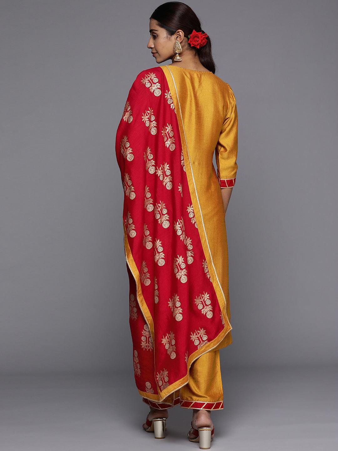 Mustard Solid Silk Blend Straight Kurta With Palazzos & Dupatta