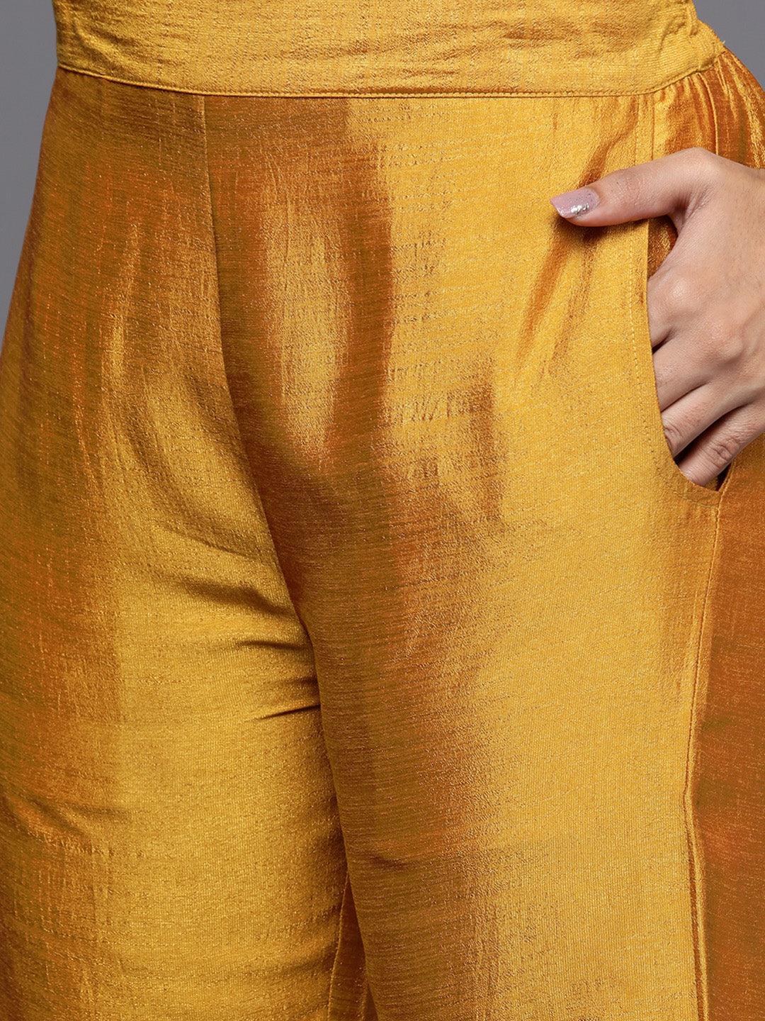 Mustard Solid Silk Blend Straight Kurta With Palazzos & Dupatta