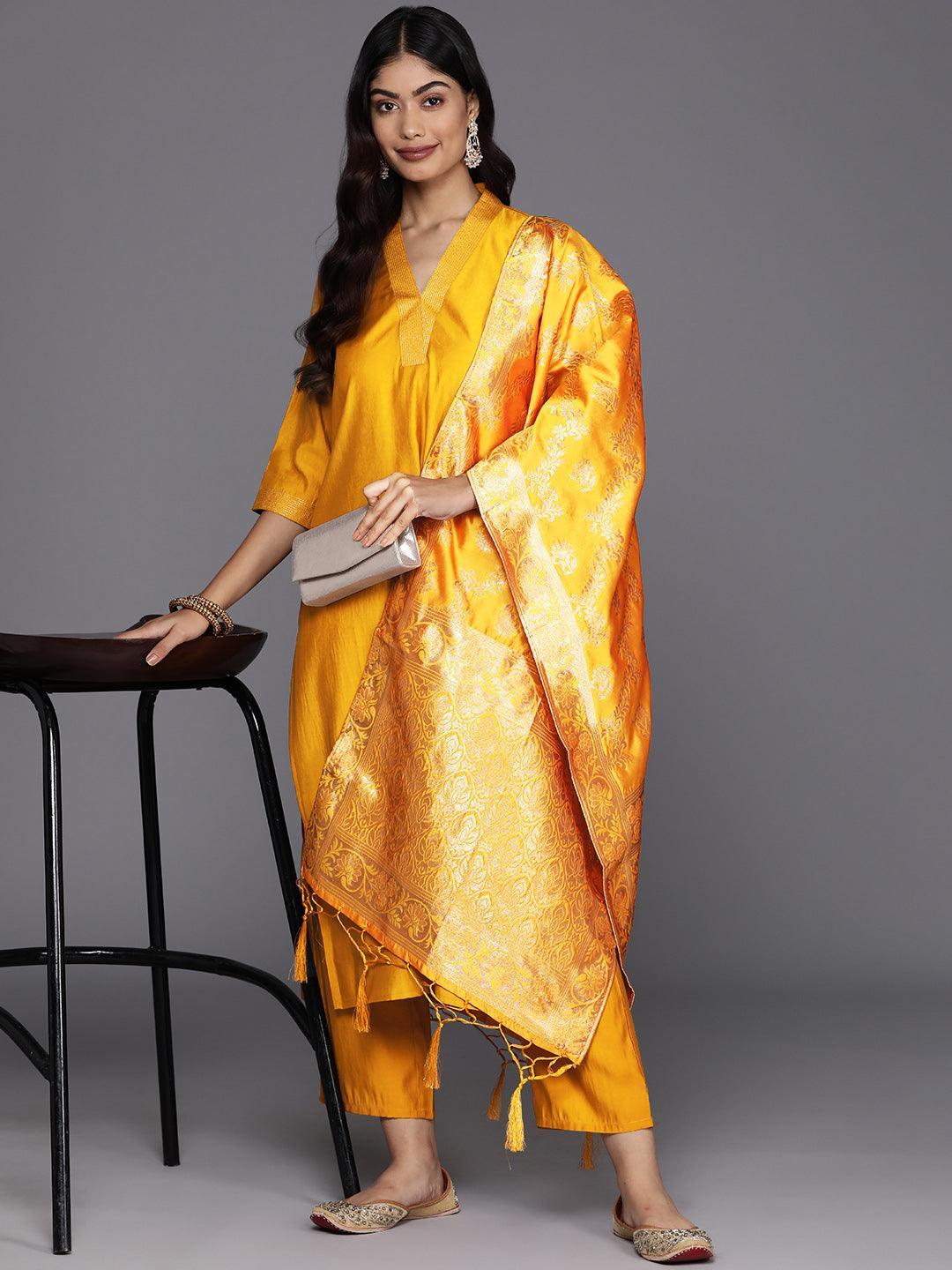 Mustard Solid Silk Blend Straight Suit With Dupatta