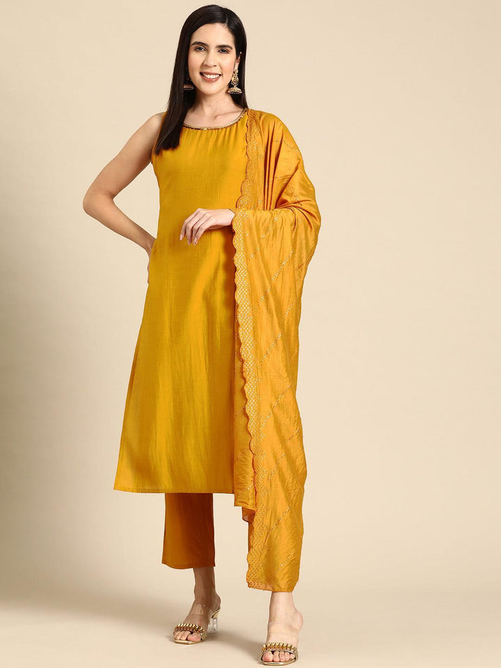 Mustard Solid Silk Blend Straight Kurta With Trousers & Dupatta - Libas