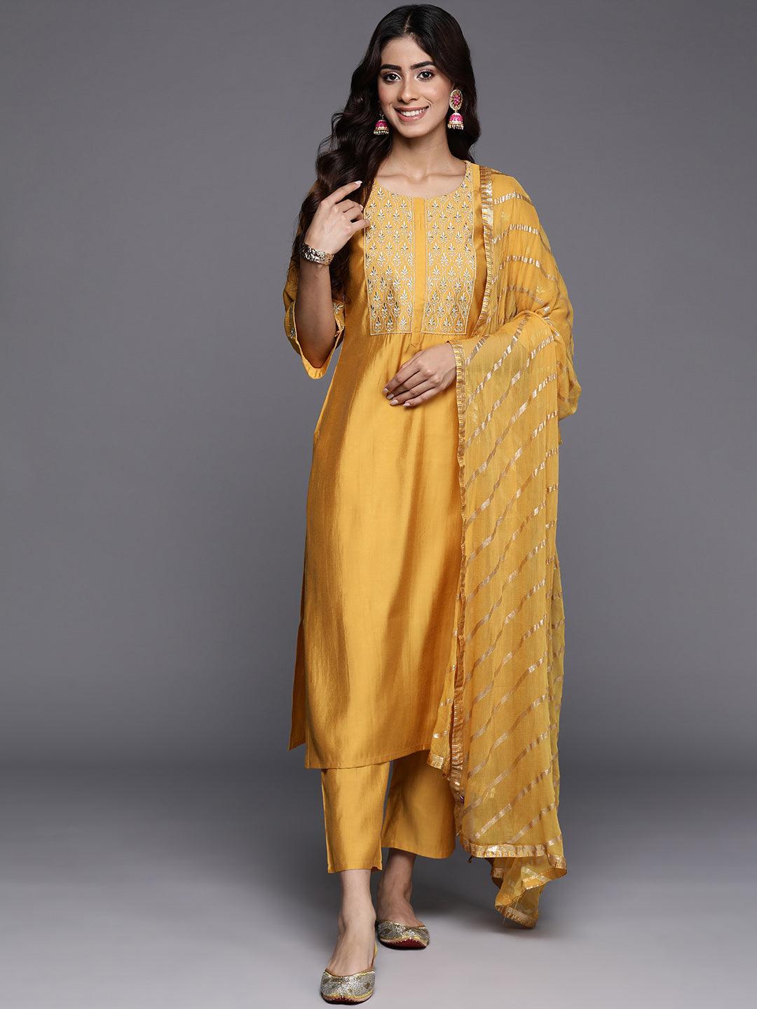 Mustard Solid Silk Blend Straight Kurta With Trousers & Dupatta - Libas