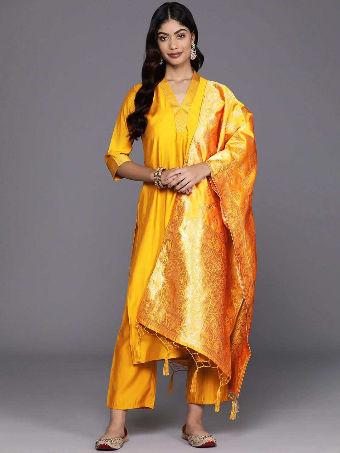 Mustard Solid Silk Blend Straight Suit With Dupatta