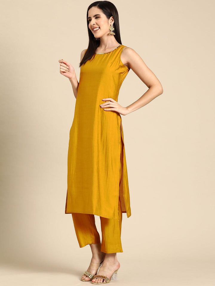 Mustard Solid Silk Blend Straight Kurta With Trousers & Dupatta - Libas