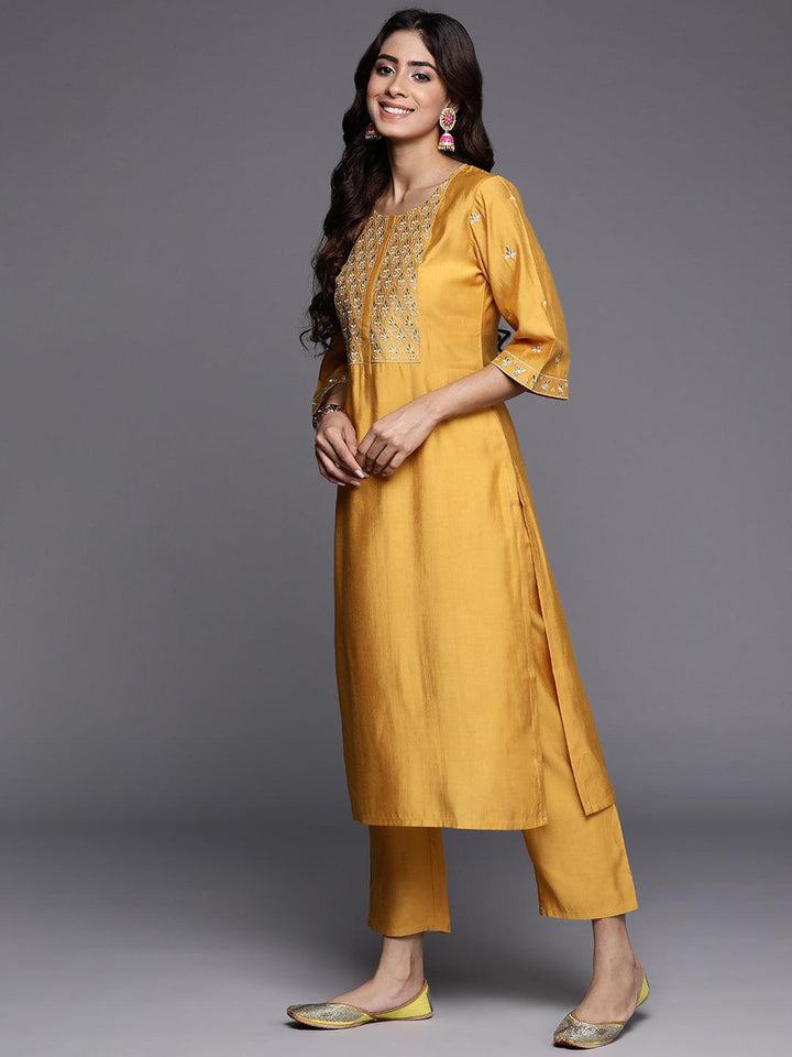 Mustard Solid Silk Blend Straight Kurta With Trousers & Dupatta - Libas