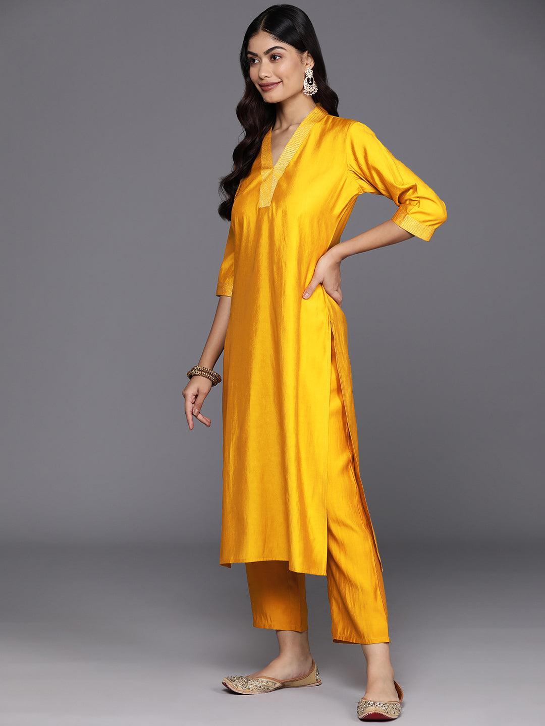 Mustard Solid Silk Blend Straight Suit With Dupatta