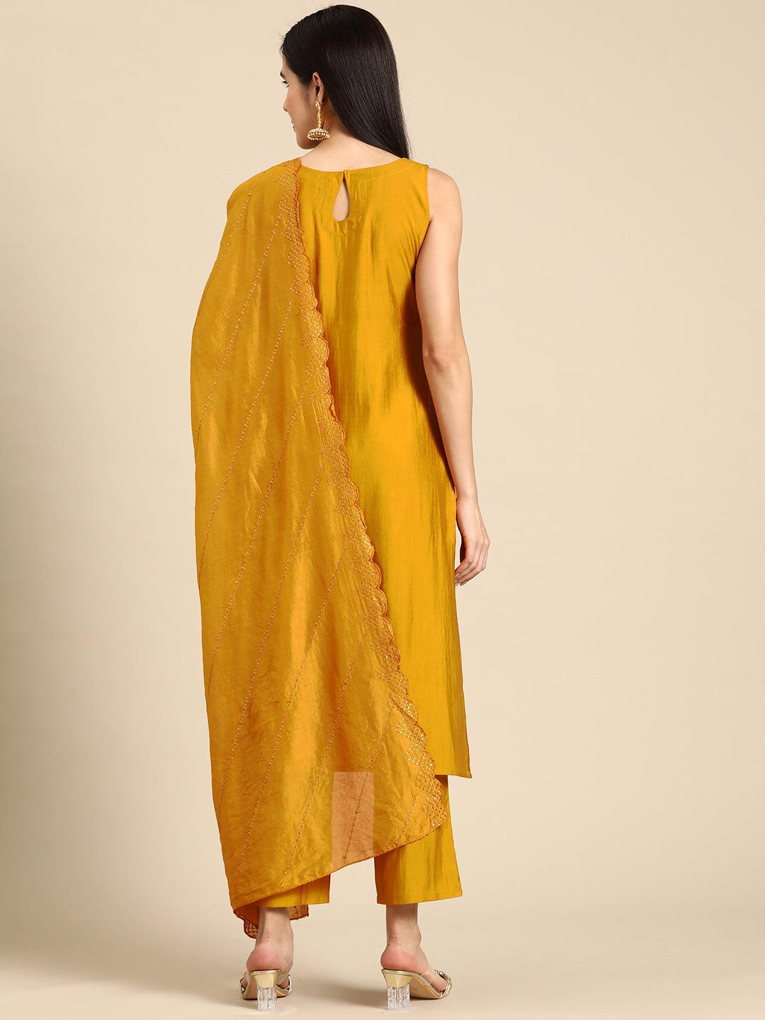 Mustard Solid Silk Blend Straight Kurta With Trousers & Dupatta - Libas