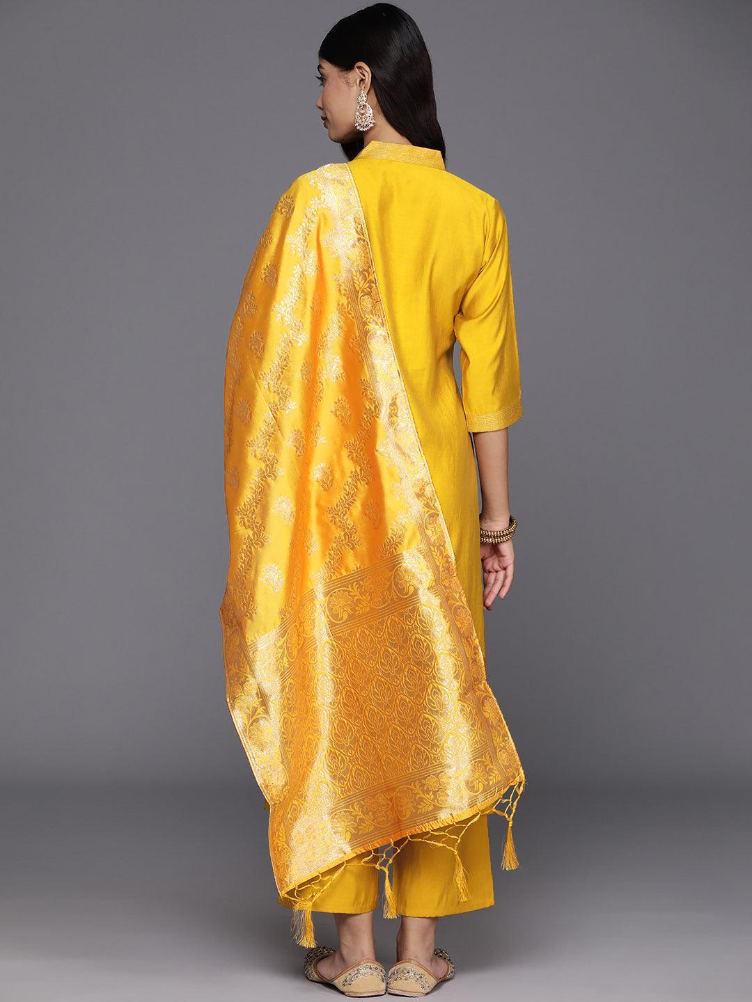 Mustard Solid Silk Blend Straight Suit With Dupatta