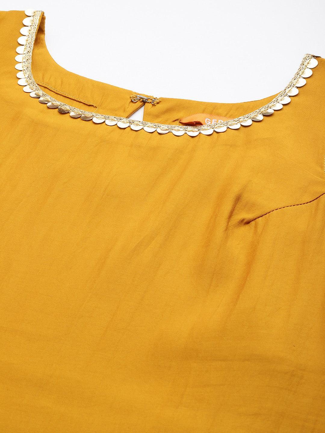 Mustard Solid Silk Blend Straight Kurta With Trousers & Dupatta - Libas