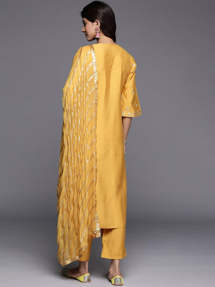 Mustard Solid Silk Blend Straight Kurta With Trousers & Dupatta - Libas