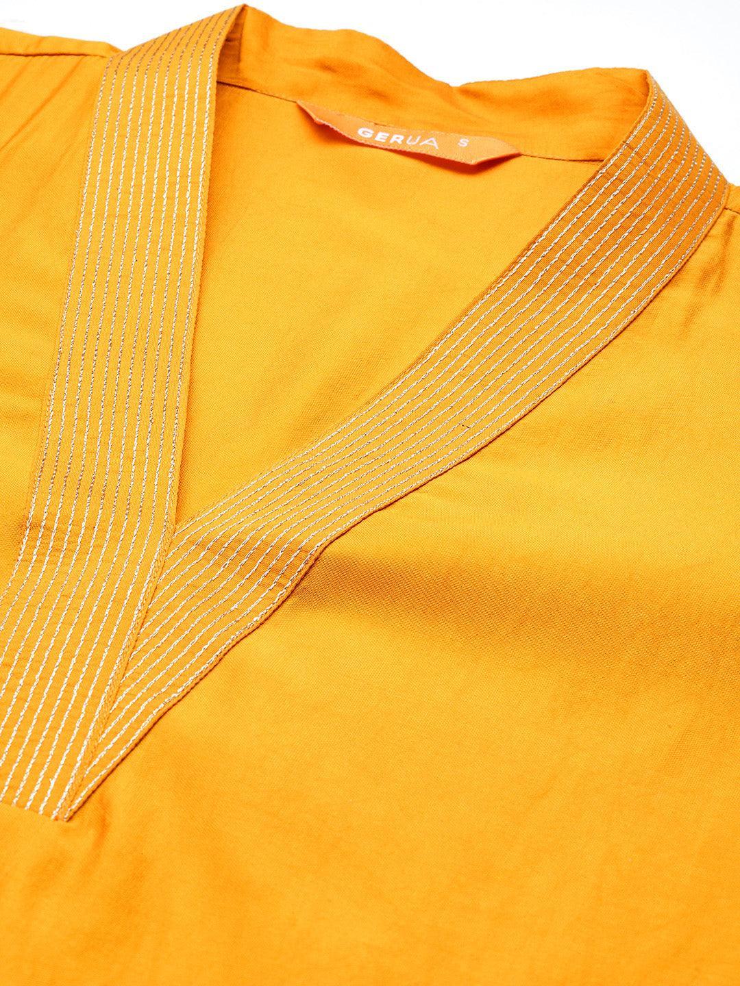 Mustard Solid Silk Blend Straight Kurta With Trousers & Dupatta - Libas