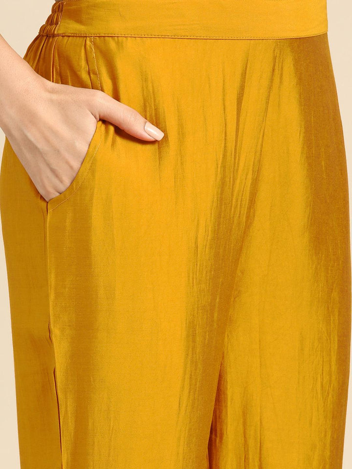 Mustard Solid Silk Blend Straight Kurta With Trousers & Dupatta - Libas