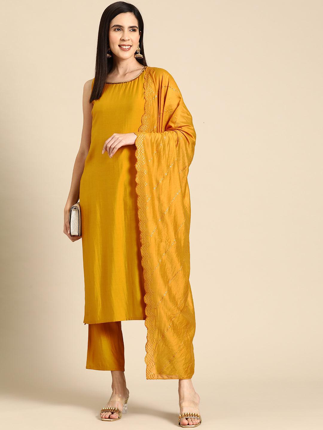 Mustard Solid Silk Blend Straight Kurta With Trousers & Dupatta - Libas