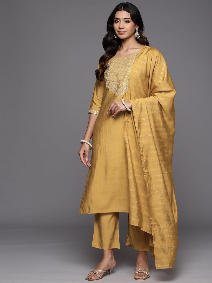 Mustard Yoke Design Silk Blend Straight Kurta With Trousers & Dupatta - Libas