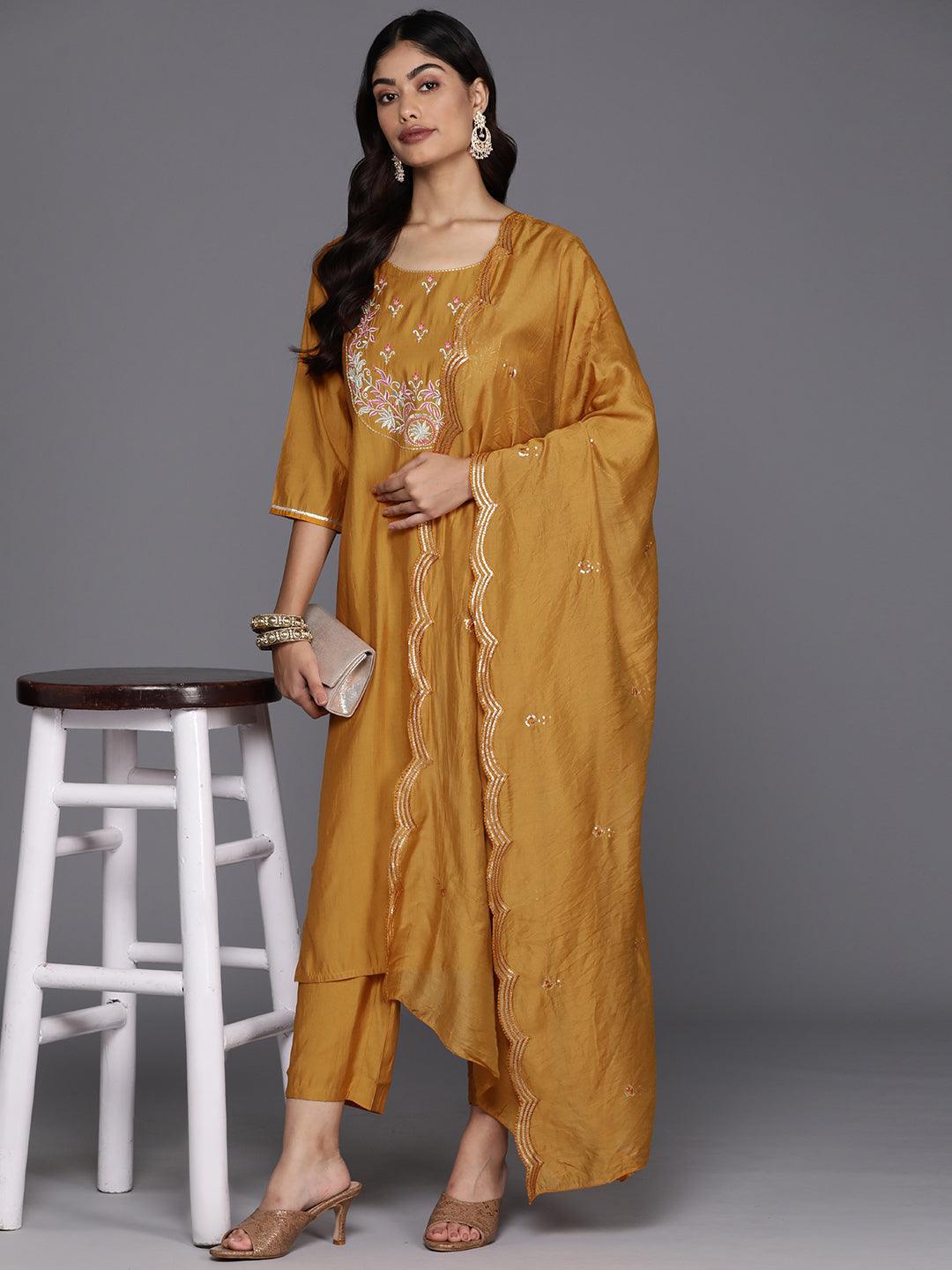 Mustard Yoke Design Silk Blend Straight Kurta With Trousers & Dupatta - Libas