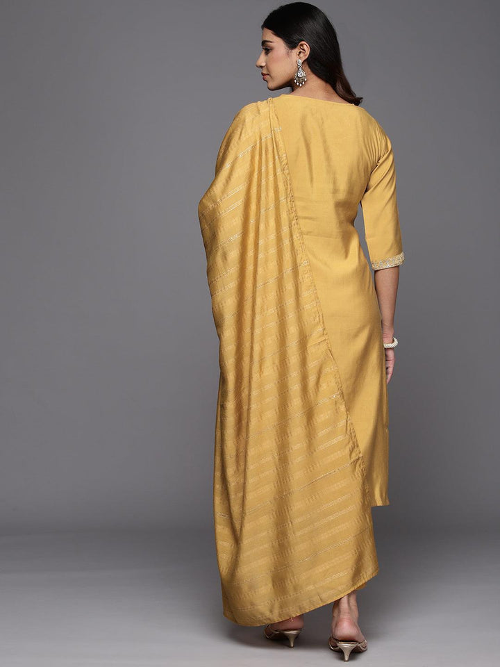 Mustard Yoke Design Silk Blend Straight Kurta With Trousers & Dupatta - Libas