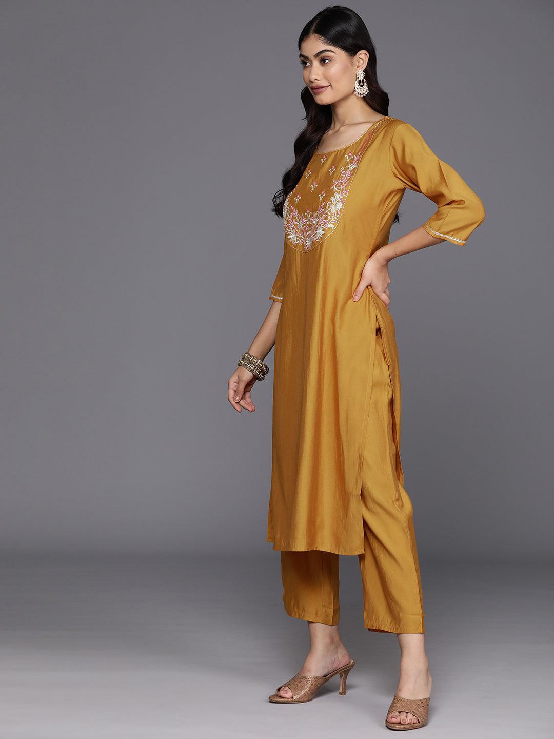 Mustard Yoke Design Silk Blend Straight Suit With Dupatta