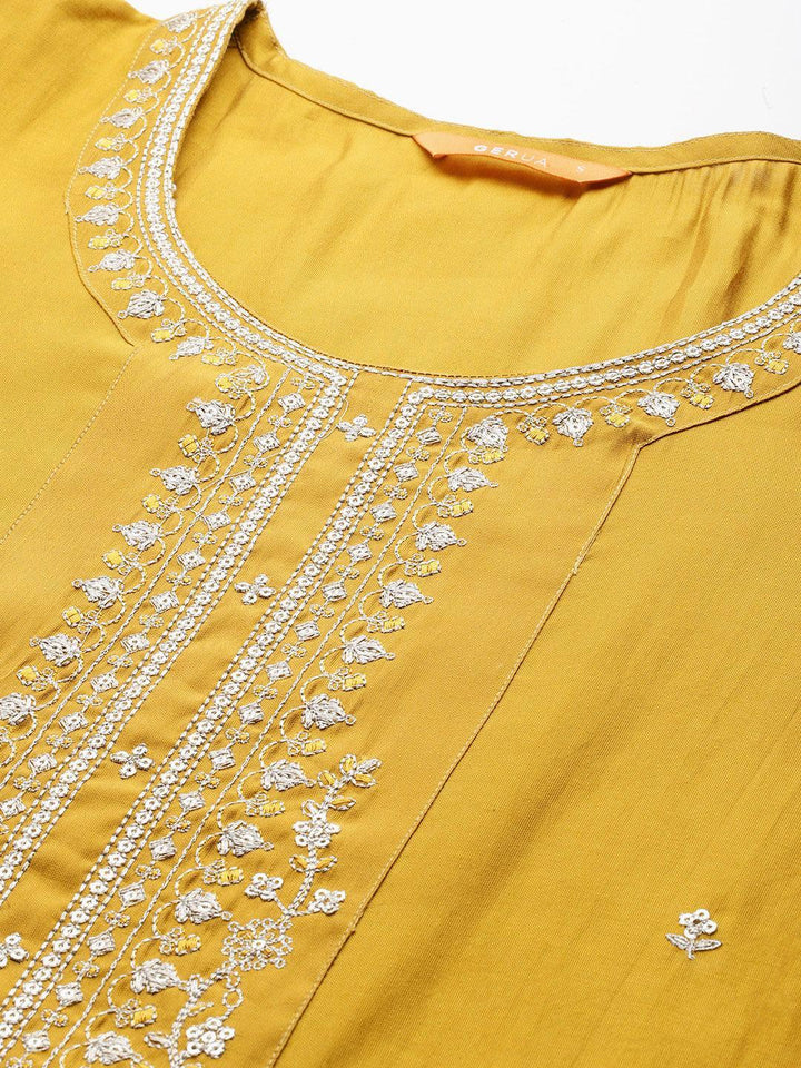 Mustard Yoke Design Silk Blend Straight Kurta With Trousers & Dupatta - Libas