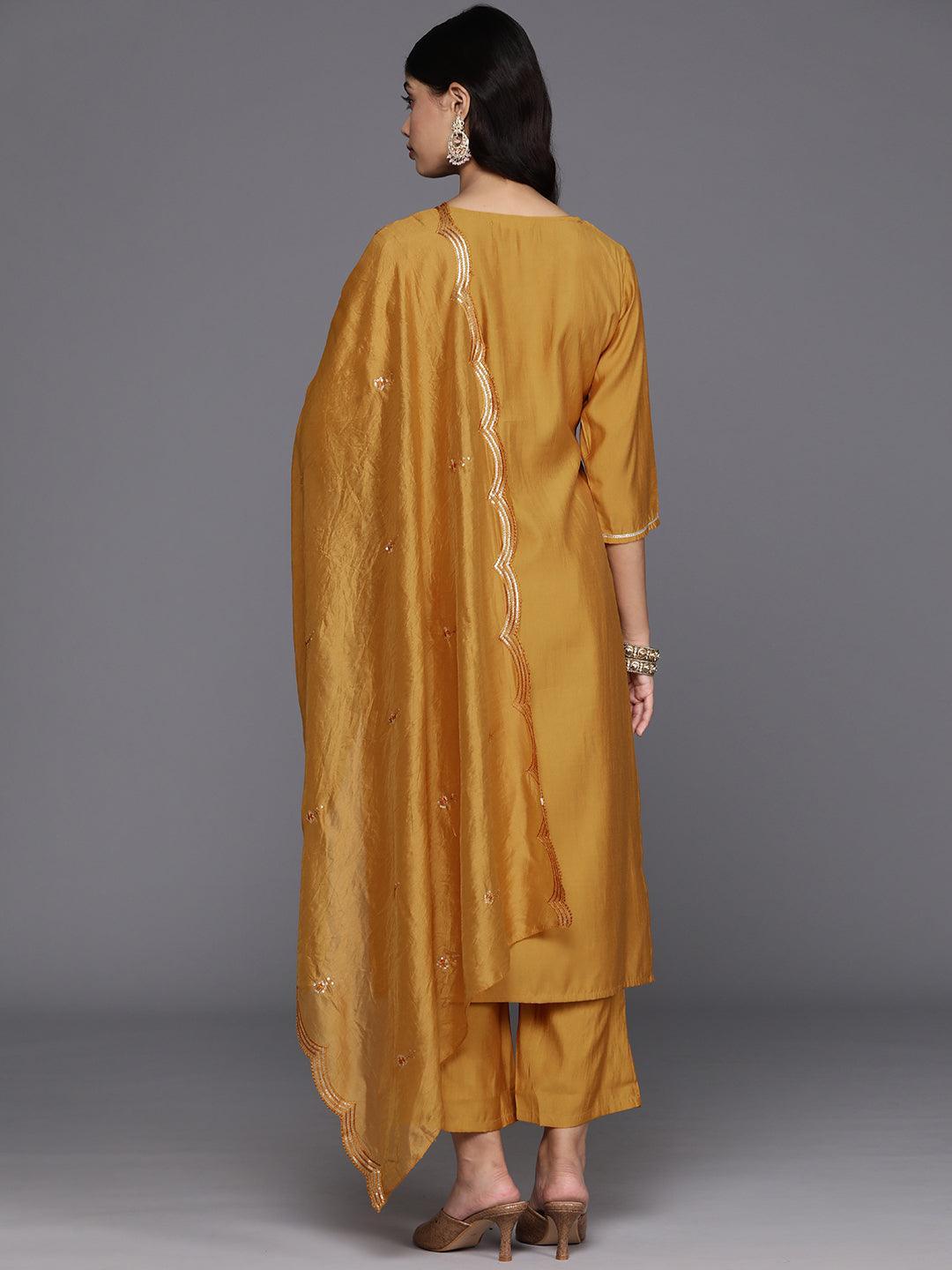 Mustard Yoke Design Silk Blend Straight Kurta With Trousers & Dupatta - Libas