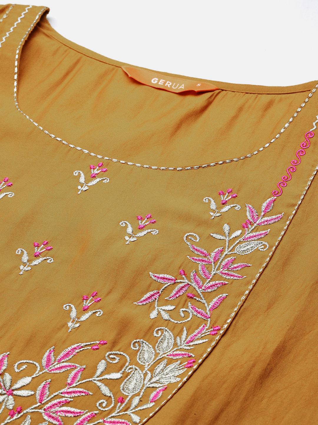 Mustard Yoke Design Silk Blend Straight Kurta With Trousers & Dupatta - Libas