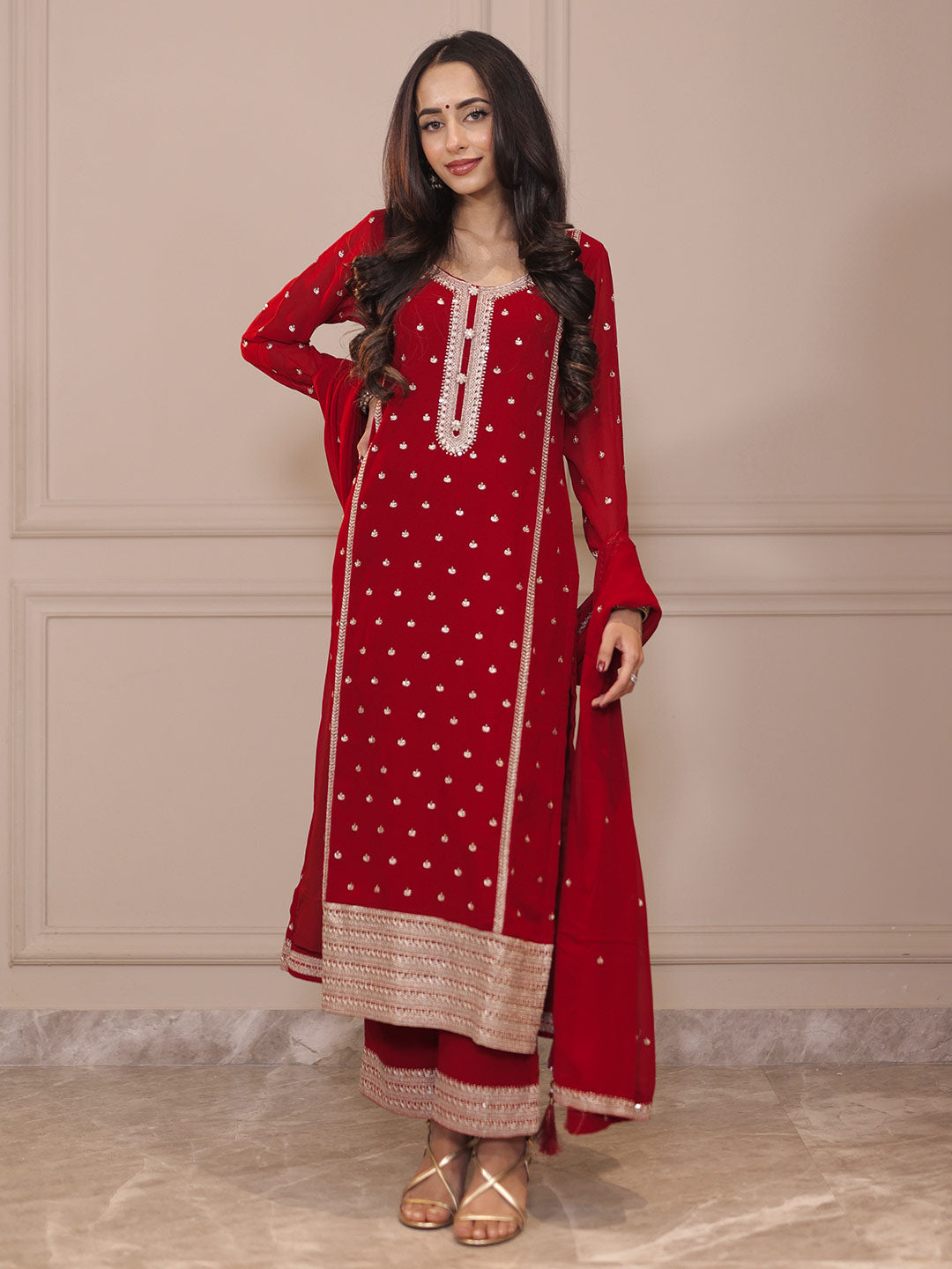 Red Embroidered Georgette Straight Suit With Dupatta